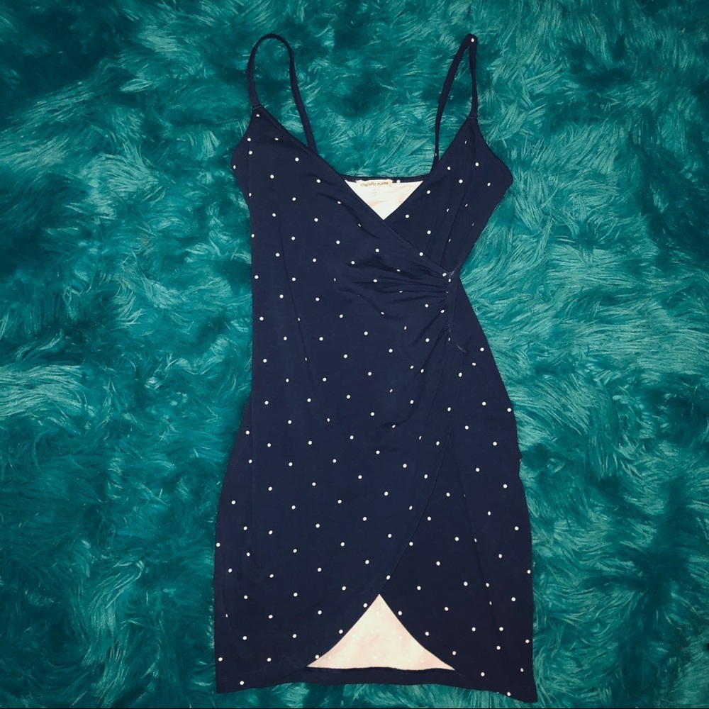 Blue polka dot asymmetrical midi dress